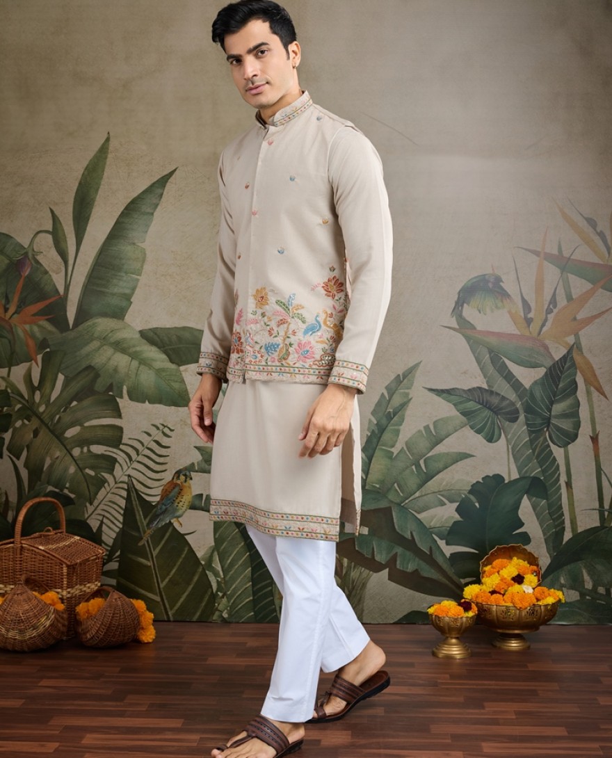 61236-ivory -  Stylish Ivory Men's Kurta Koti Set – Elegant & Trendy